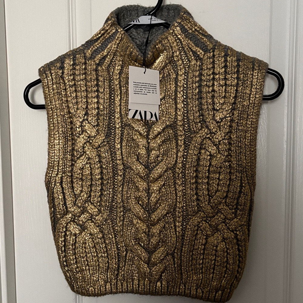 Zara Metallic Gold and Charcoal Knit Vest